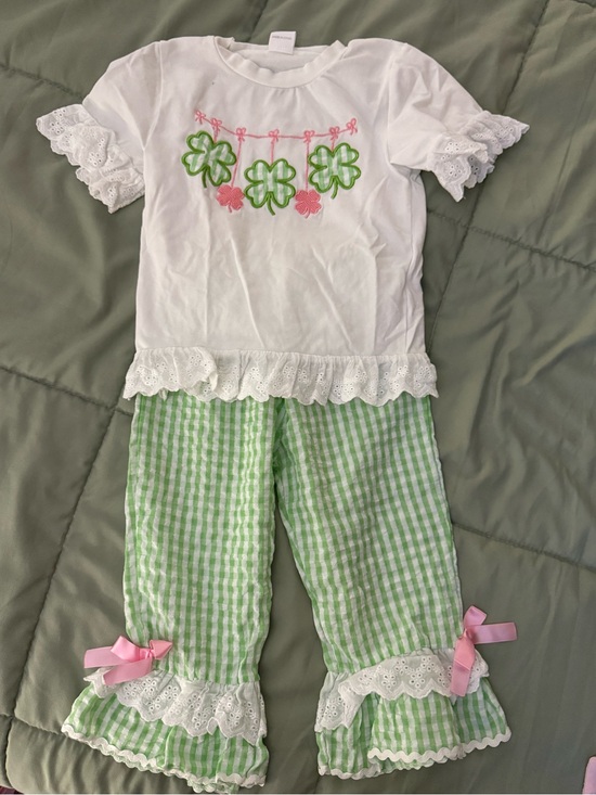 Other - Boutique White Top & Light Green Gingham Set with Pink Accents